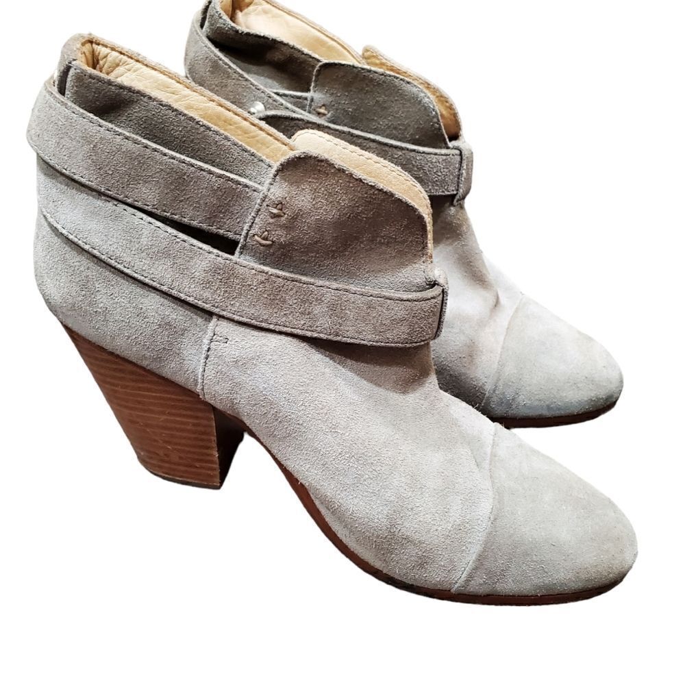 Rag & Bone Harrow Suede Ankle Boots Grey Stacked Heel Booties 39.5